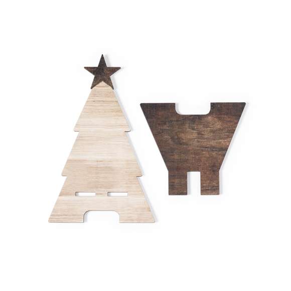 Soporte para smartphone con diseño árbol de navidad, fabricado en madera natural y de original acabado bicolor. De fácil montaje y con distintivo Made In Europe.