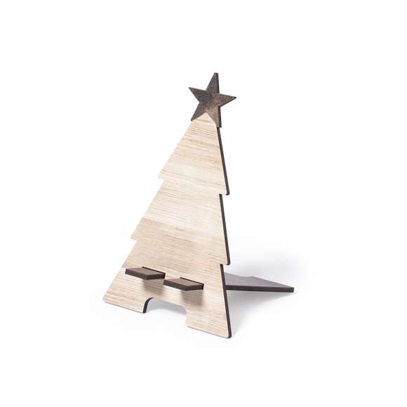 Soporte para smartphone con diseño árbol de navidad, fabricado en madera natural y de original acabado bicolor. De fácil montaje y con distintivo Made In Europe.