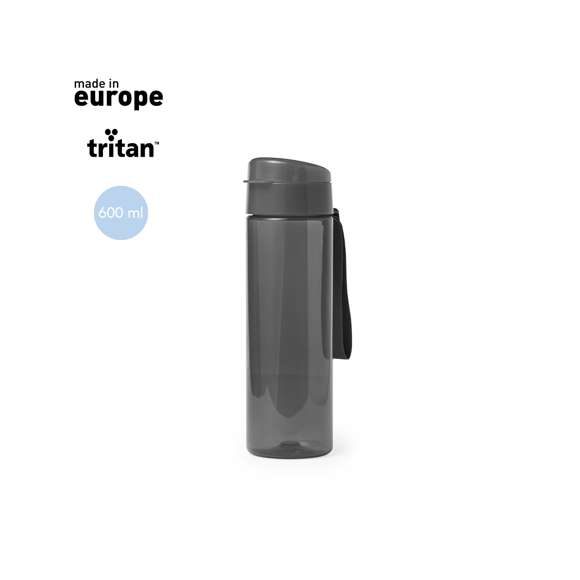 Bidón de 600 ml de capacidad en material tritán resistente al calor y libre de BPA. Con tapón a rosca dosificador de seguridad y disponible en variada gama de colores, con distintivo Made In Europe.