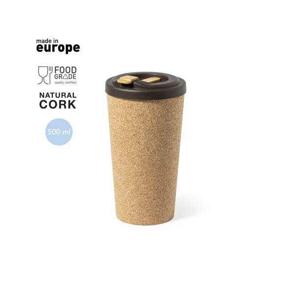 Vaso térmico de sobremesa fabricado con corcho natural de 500 ml de capacidad. Con interior y tapa abrefácil en resistente PP. Dosificador en tapa incluido y distintivo Made In Europe.