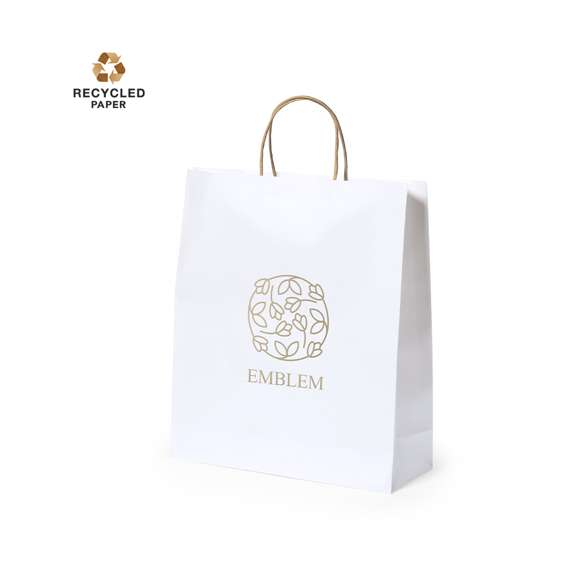 Bolsa de línea nature, fabricada en papel reciclado acabado en blanco de 100g/m2, con asas cortas reforzadas en tono natural y fuelle. Resistencia hasta 8 kg de peso.