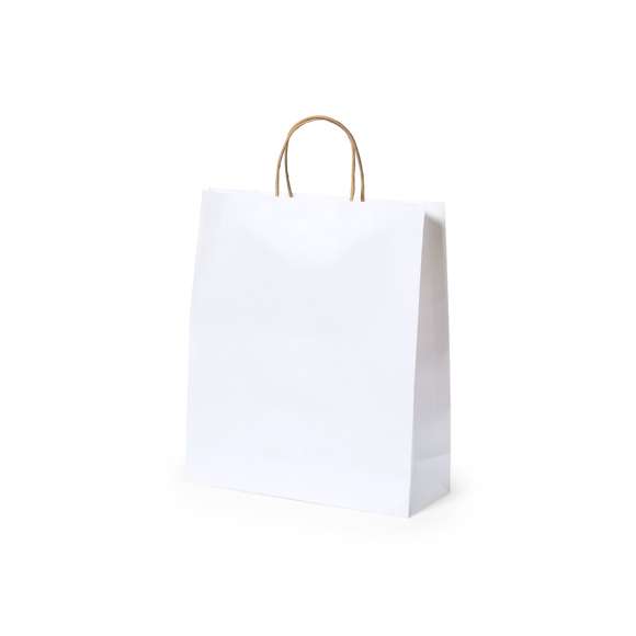 Bolsa de línea nature, fabricada en papel reciclado acabado en blanco de 100g/m2, con asas cortas reforzadas en tono natural y fuelle. Resistencia hasta 8 kg de peso.