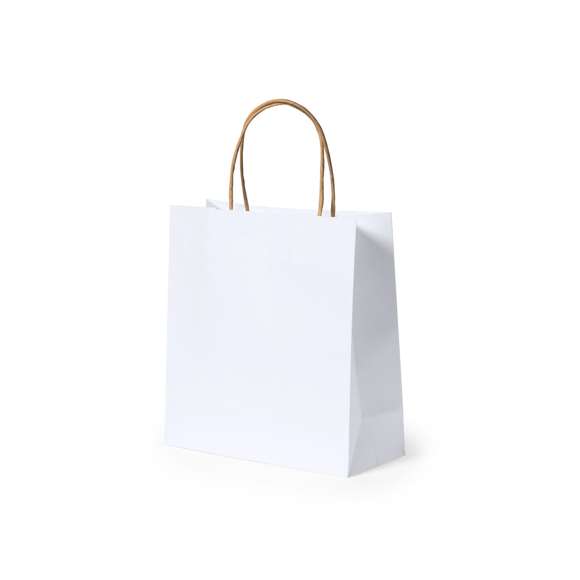 Bolsa de línea nature, fabricada en papel reciclado acabado en blanco de 100g/m2, con asas cortas reforzadas en tono natural y fuelle. Resistencia hasta 6 kg de peso.
