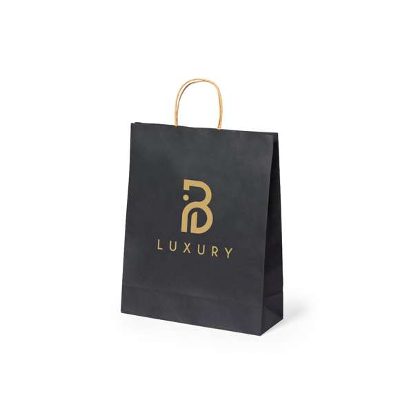 Bolsa de línea nature, fabricada en papel reciclado acabado en negro de 100g/m2, con asas cortas reforzadas en tono natural y fuelle. Resistencia hasta 6 kg de peso.