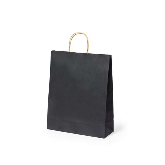 Bolsa de línea nature, fabricada en papel reciclado acabado en negro de 100g/m2, con asas cortas reforzadas en tono natural y fuelle. Resistencia hasta 6 kg de peso.
