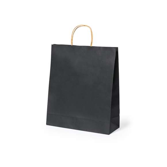 Bolsa de línea nature, fabricada en papel reciclado acabado en negro de 100g/m2, con asas cortas reforzadas en tono natural y fuelle. Resistencia hasta 8 kg de peso.