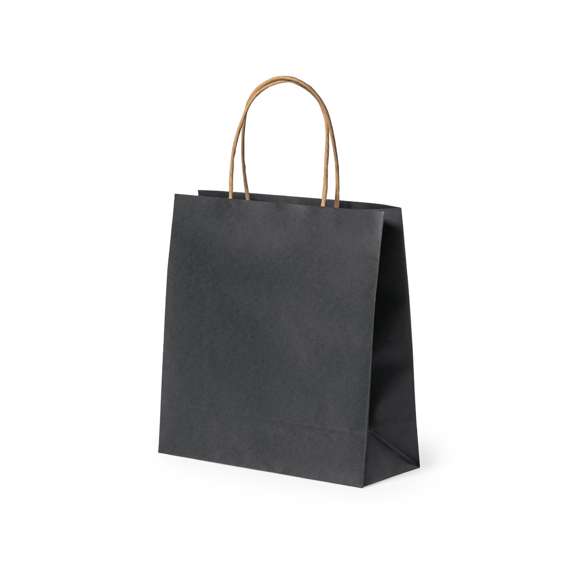 Bolsa de línea nature, fabricada en papel reciclado acabado en negro de 100g/m2, con asas cortas reforzadas en tono natural y fuelle. Resistencia hasta 6 kg de peso.