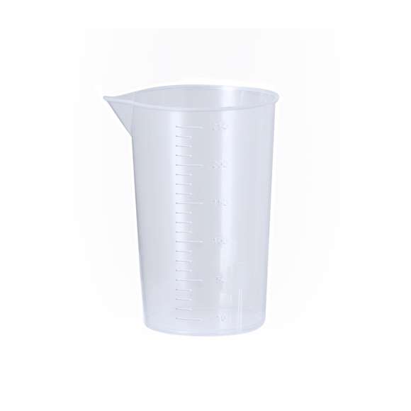 Vaso medidor de 250 ml fabricado en resistente PP transparente. Con medidor lateral en tramos de 10 ml y vertedor en el borde para evitar derrames.