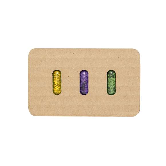 Set de cápsulas con semillas presentado en estuche troquelado de cartón reciclado con instrucciones de plantado. Este kit de huerto contiene semillas de lavanda, hinojo y eneldo.