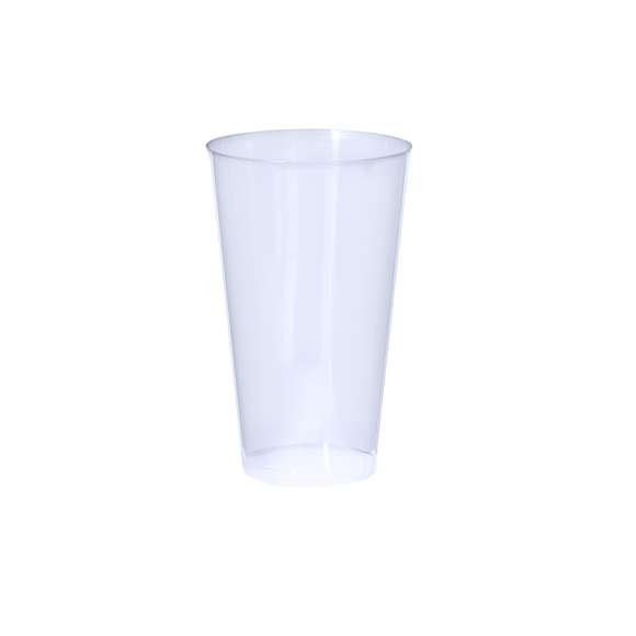 Vaso de 450 ml de capacidad en resistente y flexible material PP. Reutilizable y en acabado translúcido.