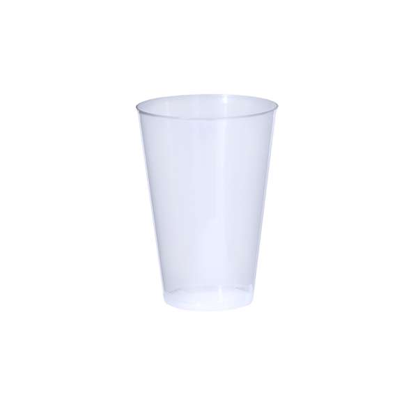 Vaso de 400 ml de capacidad en resistente y flexible material PP. Reutilizable y en acabado translúcido.