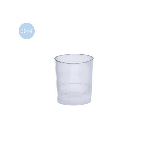 Vaso de 35 ml de capacidad en resistente y flexible material PP. Reutilizable y en acabado translúcido.