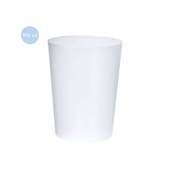 Vaso de 900 ml de capacidad en resistente y flexible material PP. Reutilizable y en acabado translúcido.
