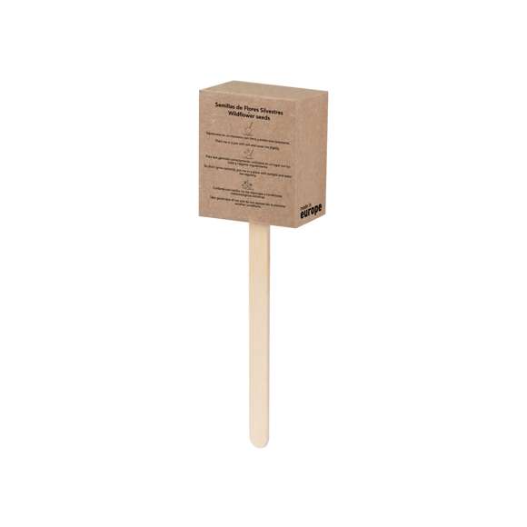 Piruleta de semillas, presentado en estuche de cartón reciclado con instrucciones de plantado. Flores silvestres en colores surtidos.