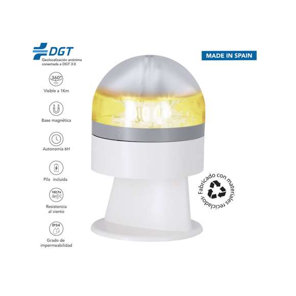 Luz de emergencia V16 Geolocalizada para vehículos. Fabricada conforme a la normativa de seguridad vigente y homologada por laboratorio acreditado LCOE, según requisitos de la DGT , con número de homologación marcado en la parte superior del artículo. De activación manual y con base de fijación magnética. Resistencia al viento de hasta 180Pa, visibilidad 360 -hasta 1 km de distancia- y resistencia al agua conforme a estándares IP54. De tamaño compacto para guardar en cualquier compartimento del vehículo y tenerla a mano en caso de emergencia. Presentada en caja individual de diseño. Manual incluido (español e inglés). Alimentación a pilas (1x9V 6LR61 batería incluida).Certificado de Cumplimiento 2023010084G1 emitido por LCOE, conforme a los requisitos de la DGT.APP gratuita disponible para Android e iOS, que le permitirá agilizar el contacto con su aseguradora y servicio de emergencias en caso de accidente o avería.