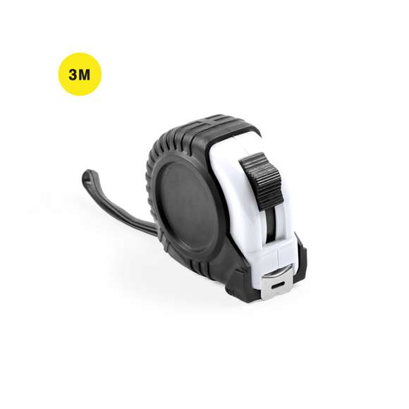  	Flexómetro de 3 metros con cuchilla metálica y mecanismo de bloqueo. Con cuerpo de suave acabado en variados colores, recubierto con funda protectora de resistente goma, clip metálico para cinturón y cinta de transporte. Con troquelado especial para marcaje en doming/gota de resina y presentado en caja individual.