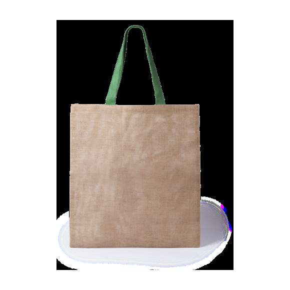 	Bolsa ecológica de yute con cuerpo en color natural y asas medianas de 52cm en color verde. De acabado cosido y resistencia hasta 9kg de peso.