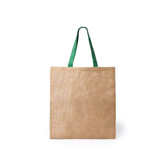  	Bolsa ecológica de yute con cuerpo en color natural y asas medianas de 52cm en color verde. De acabado cosido y resistencia hasta 9kg de peso.