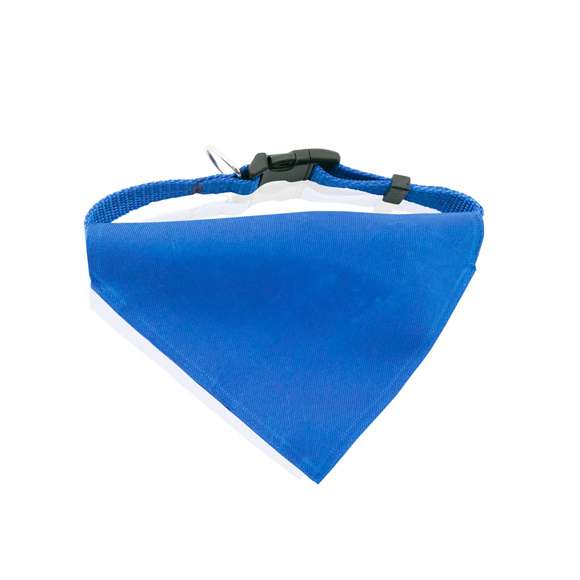 Collar bandana para mascota en resistente y suave poliéster de vivos colores. Con cinta ajustable de cierre de clic y accesorio metálico para cinta de paseo.