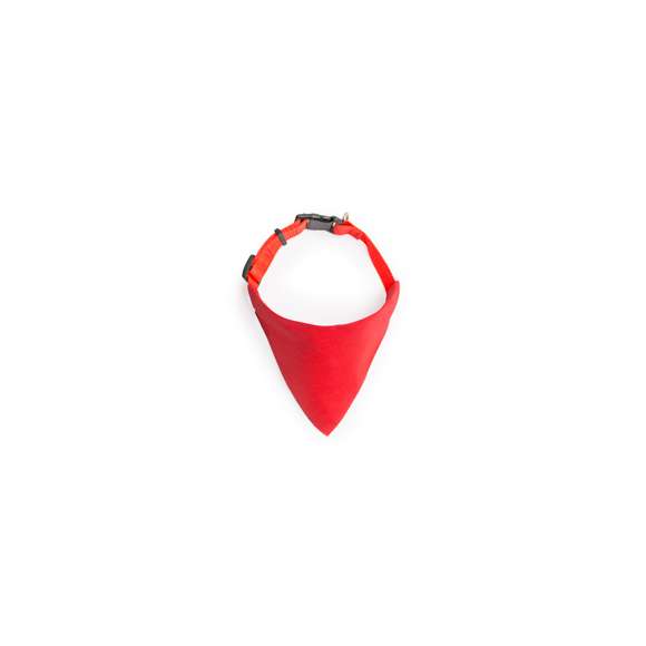 Collar bandana para mascota en resistente y suave poliéster de vivos colores. Con cinta ajustable de cierre de clic y accesorio metálico para cinta de paseo.