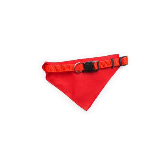 Collar bandana para mascota en resistente y suave poliéster de vivos colores. Con cinta ajustable de cierre de clic y accesorio metálico para cinta de paseo.
