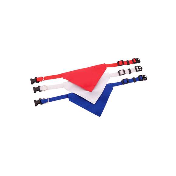 Collar bandana para mascota en resistente y suave poliéster de vivos colores. Con cinta ajustable de cierre de clic y accesorio metálico para cinta de paseo.