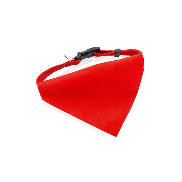 Collar bandana para mascota en resistente y suave poliéster de vivos colores. Con cinta ajustable de cierre de clic y accesorio metálico para cinta de paseo.