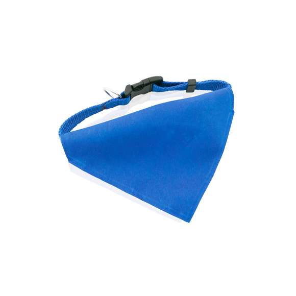 Collar bandana para mascota en resistente y suave poliéster de vivos colores. Con cinta ajustable de cierre de clic y accesorio metálico para cinta de paseo.