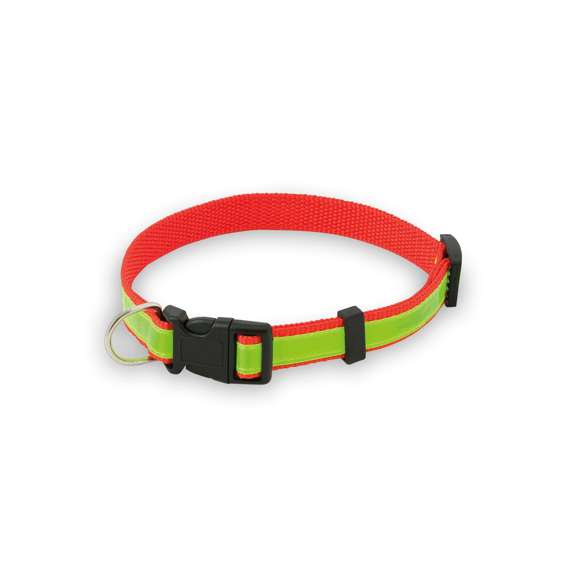 Collar reflectante para mascota en resistente y suave poliéster de vivos colores. Con cinta ajustable de cierre de clic y accesorio metálico para cinta de paseo.
