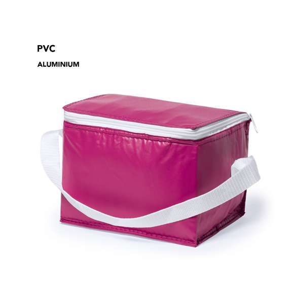 Nevera fabricada en resistente PVC. Con compartimento de 3,2L de capacidad, cierre de cremallera y con cinta bandolera ajustable. Interior isotermo acabado en aluminio. Disponible en variada y llamativa gama de colores.