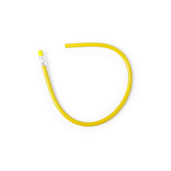 Lápiz flexible extra largo, de acabado brillo. Con cuerpo redondo y goma de borrar a juego. Disponible en variada gama de colores, con mina negra y punta sin afilar.