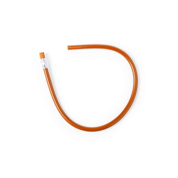 Lápiz flexible extra largo, de acabado brillo. Con cuerpo redondo y goma de borrar a juego. Disponible en variada gama de colores, con mina negra y punta sin afilar.