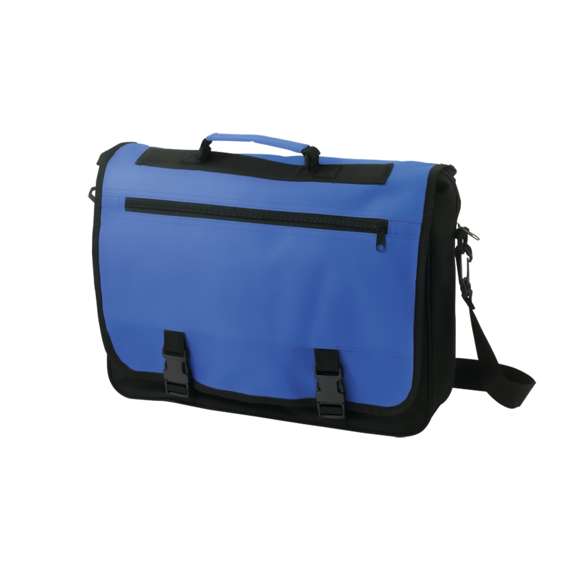Portadocumentos con solapa de cierre de velcro en poliéster 600D con elegante tira frontal en color negro. Con asas de transporte reforzadas y cinta bandolera ajustable. Compartimentos interiores para bolígrafos y funda para smartphone en PVC con función táctil.