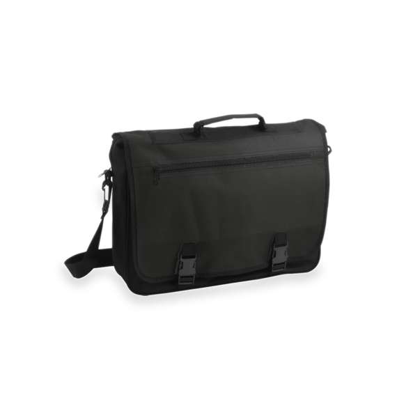 Portadocumentos con solapa de cierre de velcro en poliéster 600D con elegante tira frontal en color negro. Con asas de transporte reforzadas y cinta bandolera ajustable. Compartimentos interiores para bolígrafos y funda para smartphone en PVC con función táctil.