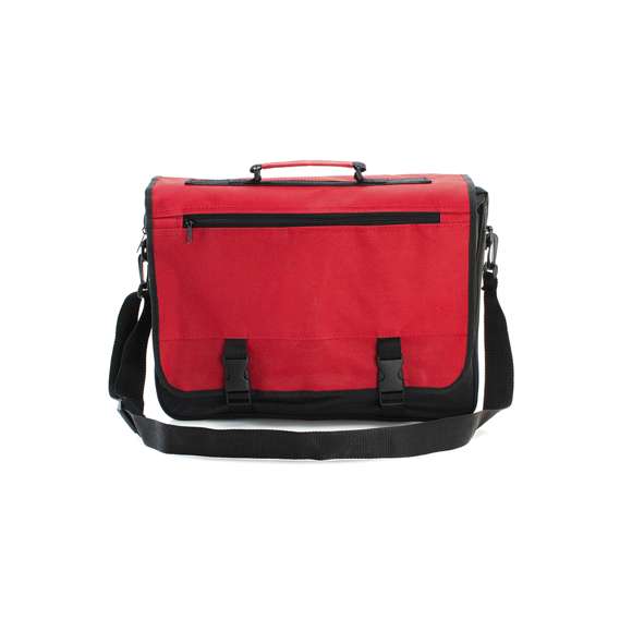 Portadocumentos con solapa de cierre de velcro en poliéster 600D con elegante tira frontal en color negro. Con asas de transporte reforzadas y cinta bandolera ajustable. Compartimentos interiores para bolígrafos y funda para smartphone en PVC con función táctil.