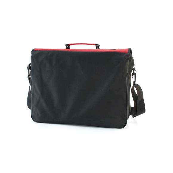 Portadocumentos con solapa de cierre de velcro en poliéster 600D con elegante tira frontal en color negro. Con asas de transporte reforzadas y cinta bandolera ajustable. Compartimentos interiores para bolígrafos y funda para smartphone en PVC con función táctil.