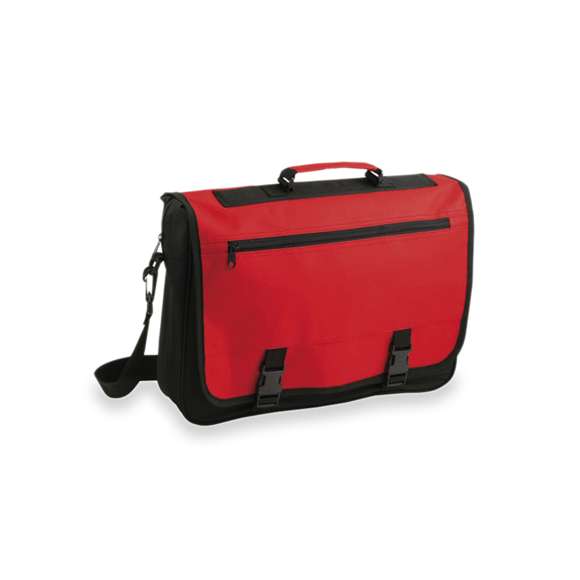 Portadocumentos con solapa de cierre de velcro en poliéster 600D con elegante tira frontal en color negro. Con asas de transporte reforzadas y cinta bandolera ajustable. Compartimentos interiores para bolígrafos y funda para smartphone en PVC con función táctil.