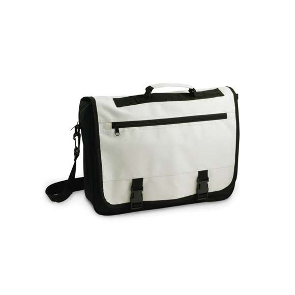 Portadocumentos con solapa de cierre de velcro en poliéster 600D con elegante tira frontal en color negro. Con asas de transporte reforzadas y cinta bandolera ajustable. Compartimentos interiores para bolígrafos y funda para smartphone en PVC con función táctil.
