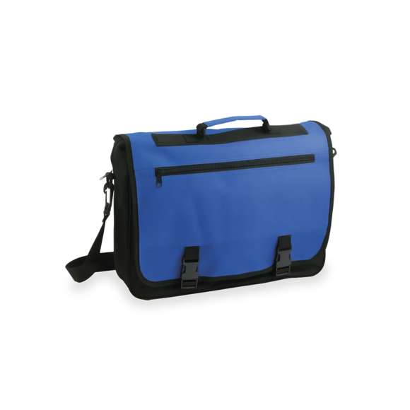 Portadocumentos con solapa de cierre de velcro en poliéster 600D con elegante tira frontal en color negro. Con asas de transporte reforzadas y cinta bandolera ajustable. Compartimentos interiores para bolígrafos y funda para smartphone en PVC con función táctil.