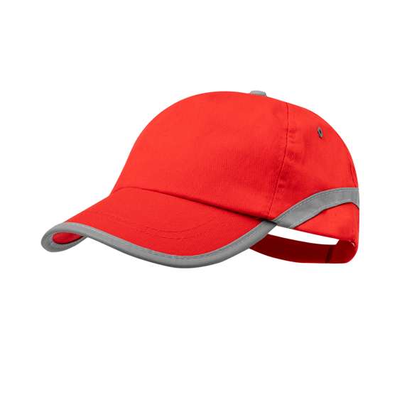 Gorra de 5 paneles en material 100% algodón y tira reflectante en visera y cuerpo. En variada gama de vivo colores, con orificios de ventilación bordados y cierre ajustable de velcro.