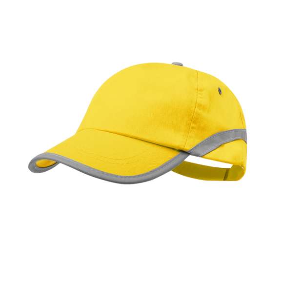 Gorra de 5 paneles en material 100% algodón y tira reflectante en visera y cuerpo. En variada gama de vivo colores, con orificios de ventilación bordados y cierre ajustable de velcro.