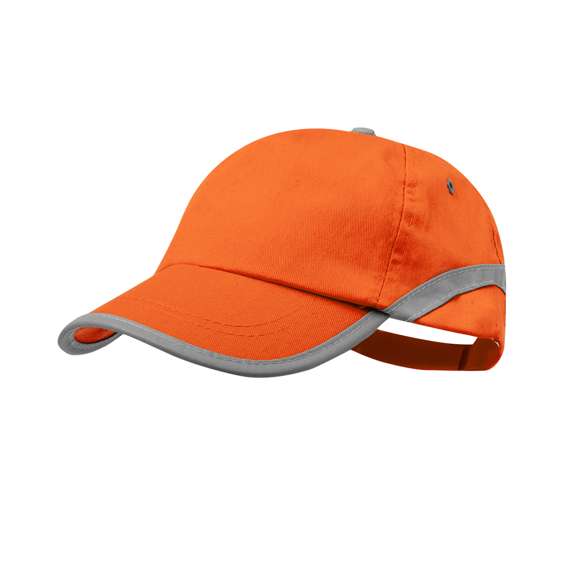 Gorra de 5 paneles en material 100% algodón y tira reflectante en visera y cuerpo. En variada gama de vivo colores, con orificios de ventilación bordados y cierre ajustable de velcro.