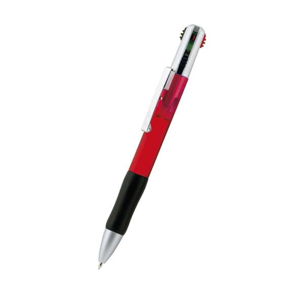  	Bolígrafo 4 en 1 de mecanismo pulsador retráctil, de clásico diseño y cuerpo de suave acabado translúcido en vivos colores. Con accesorios en plateado y suave empuñadura ergonómica en color negro. De 4 cartuchos en tintas azul, roja, negra y verde.