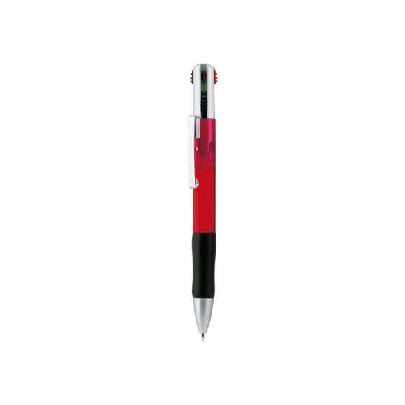  	Bolígrafo 4 en 1 de mecanismo pulsador retráctil, de clásico diseño y cuerpo de suave acabado translúcido en vivos colores. Con accesorios en plateado y suave empuñadura ergonómica en color negro. De 4 cartuchos en tintas azul, roja, negra y verde.