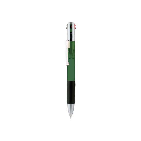  	Bolígrafo 4 en 1 de mecanismo pulsador retráctil, de clásico diseño y cuerpo de suave acabado translúcido en vivos colores. Con accesorios en plateado y suave empuñadura ergonómica en color negro. De 4 cartuchos en tintas azul, roja, negra y verde.