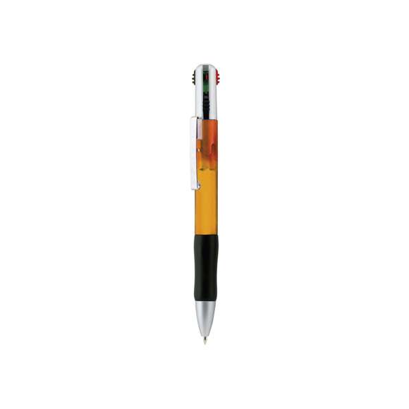  	Bolígrafo 4 en 1 de mecanismo pulsador retráctil, de clásico diseño y cuerpo de suave acabado translúcido en vivos colores. Con accesorios en plateado y suave empuñadura ergonómica en color negro. De 4 cartuchos en tintas azul, roja, negra y verde.