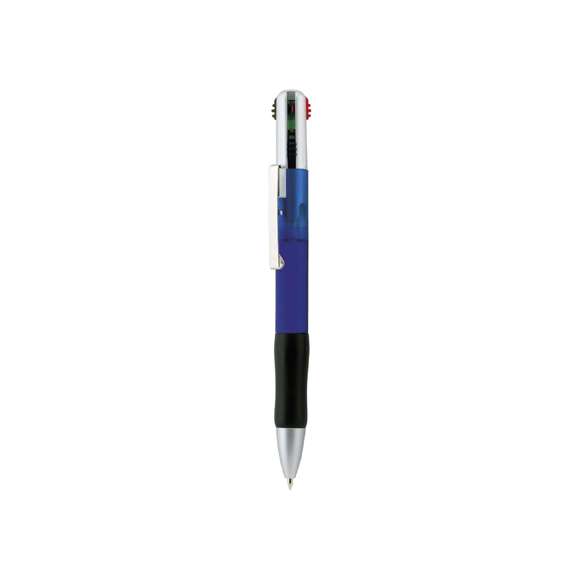  	Bolígrafo 4 en 1 de mecanismo pulsador retráctil, de clásico diseño y cuerpo de suave acabado translúcido en vivos colores. Con accesorios en plateado y suave empuñadura ergonómica en color negro. De 4 cartuchos en tintas azul, roja, negra y verde.