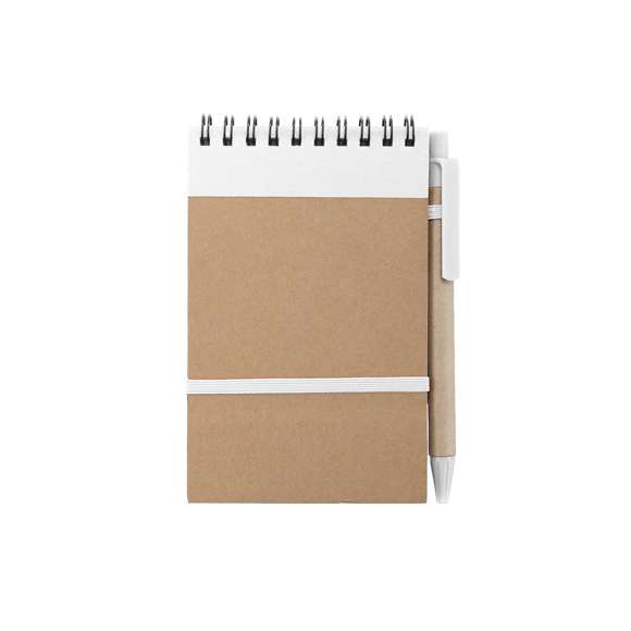 Libreta de anillas hecha de resistente cartón reciclado bicolor con suaves tapas, elástico de sujeción en portada y bolígrafo en cartón reciclado a juego. En atrevidos colores.