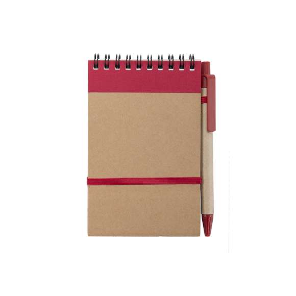 Libreta de anillas hecha de resistente cartón reciclado bicolor con suaves tapas, elástico de sujeción en portada y bolígrafo en cartón reciclado a juego. En atrevidos colores.