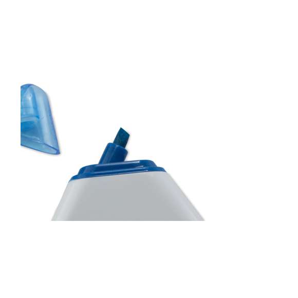  	Original marcador fluorescente de tres colores con cuerpo triangular en suave acabado brillante de color blanco, especialmente diseñado para marcaje digital a todo color. Con capuchas translúcidas juego con marcador.